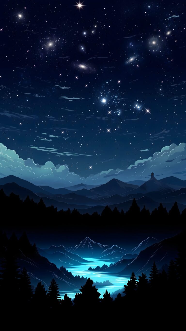 Vertical digital art of a magical starry night sky with galaxies above dark mountain silhouettes and a bright, glowing cyan river.
