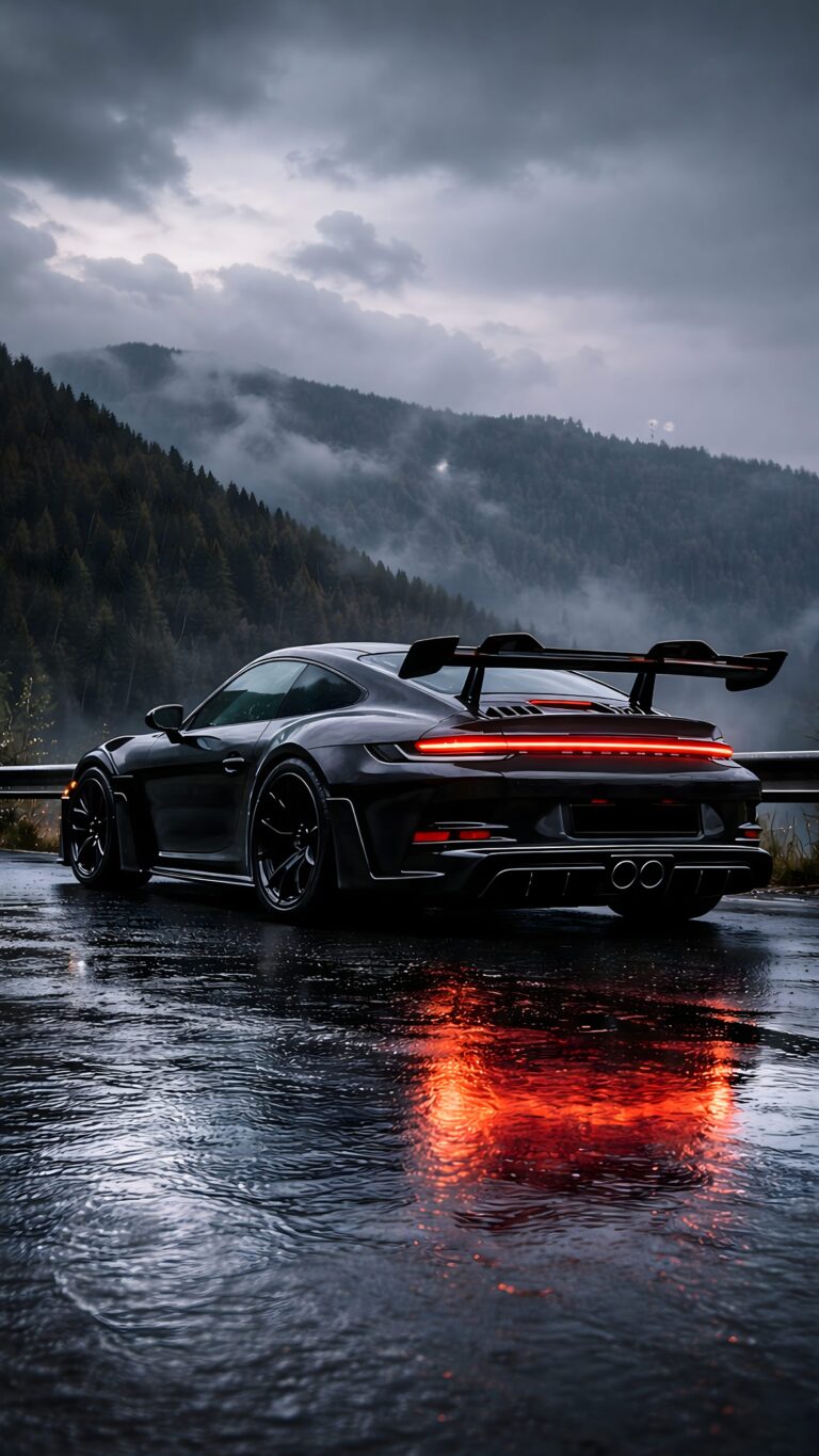Sleek black sports car with glowing red taillights parked on a wet, foggy mountain road reflecting in puddles.