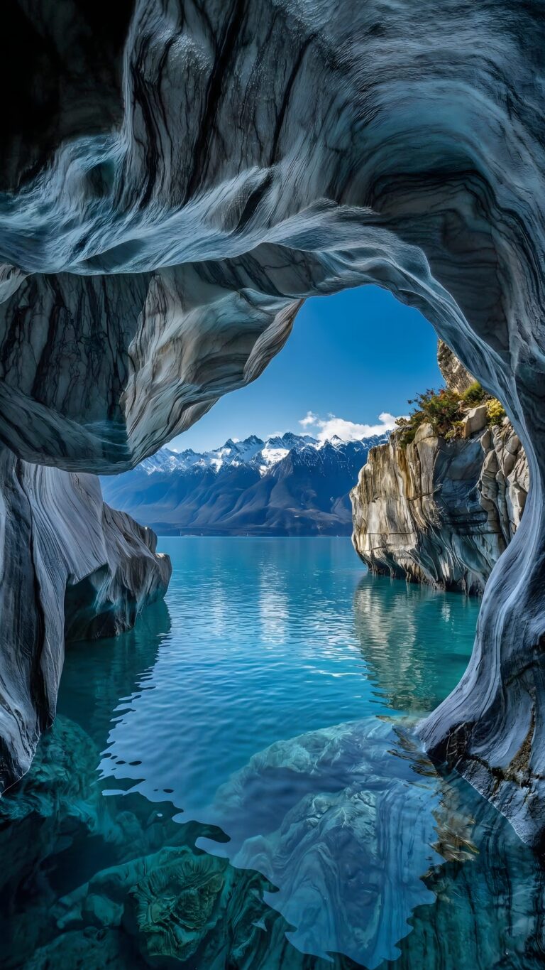 View from inside a swirling marble cave looking out over vibrant turquoise water towards snow-capped mountains under a clear blue sky.