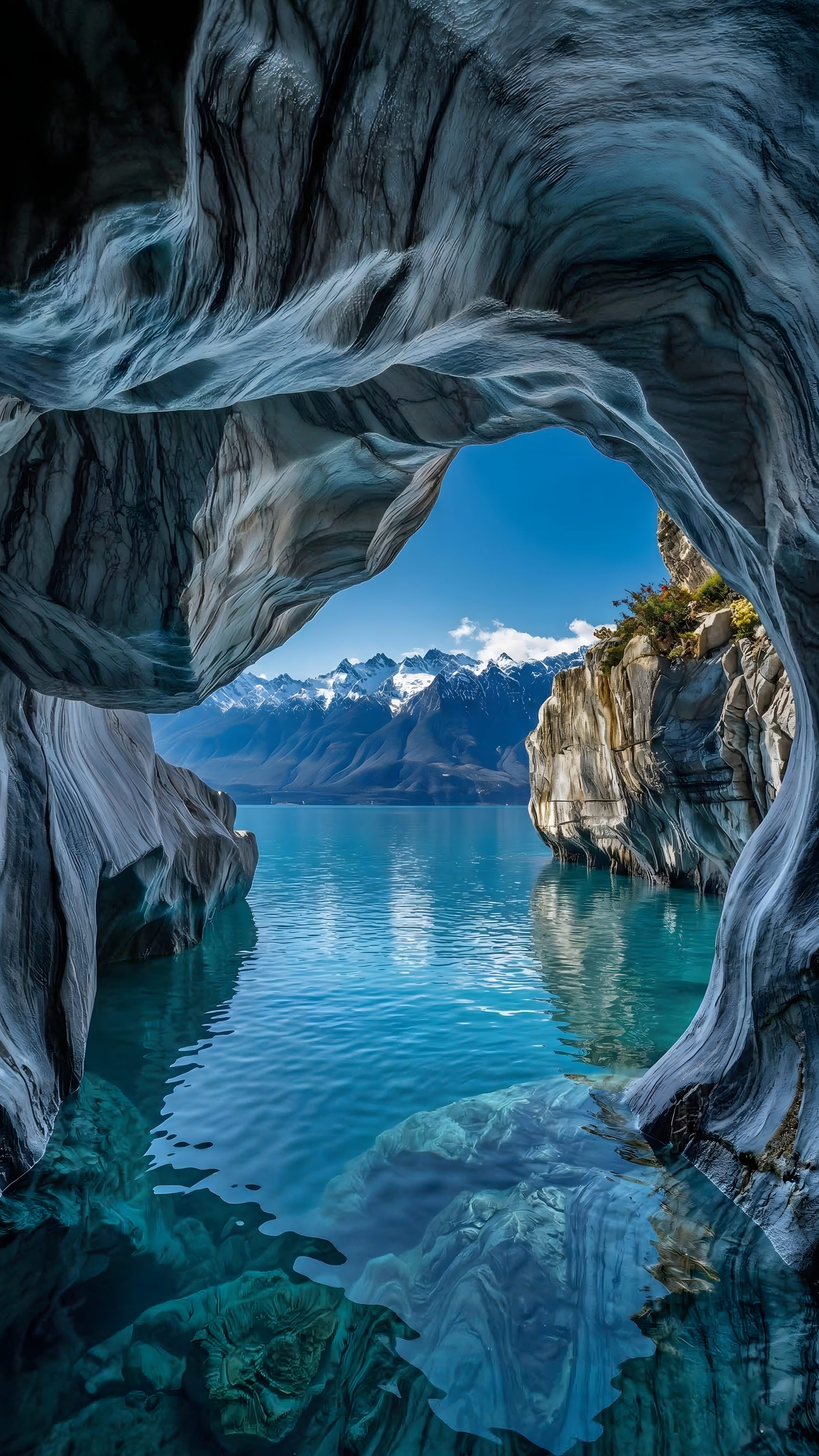 View from inside a swirling marble cave looking out over vibrant turquoise water towards snow-capped mountains under a clear blue sky.