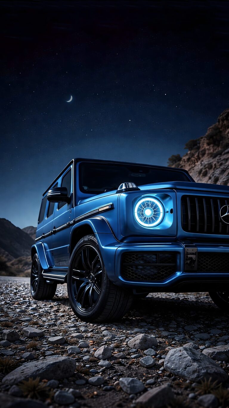 A blue Mercedes G-Wagon parked on a rocky desert path under a starry night sky, vertical phone wallpaper.