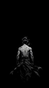 A muscular anime warrior seen from behind in high-contrast black and white shadow art.