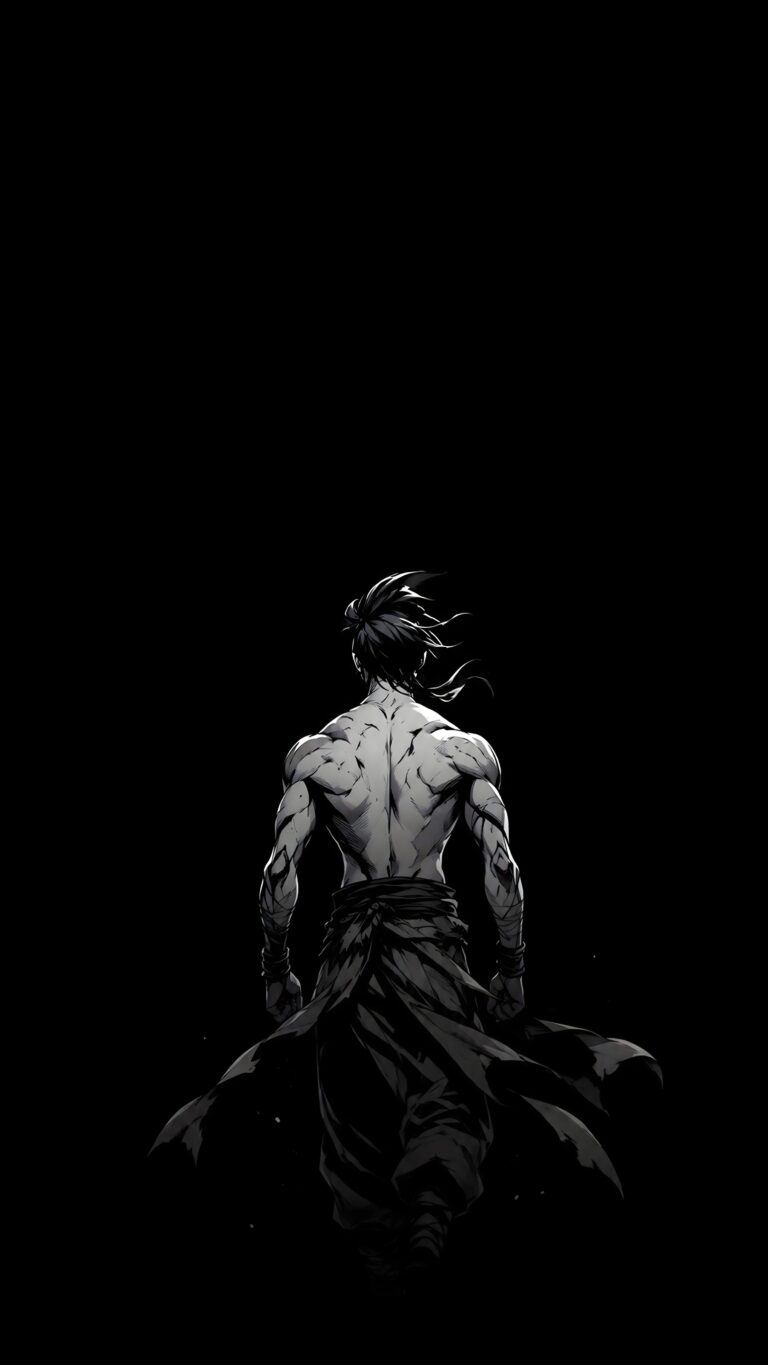 A muscular anime warrior seen from behind in high-contrast black and white shadow art.