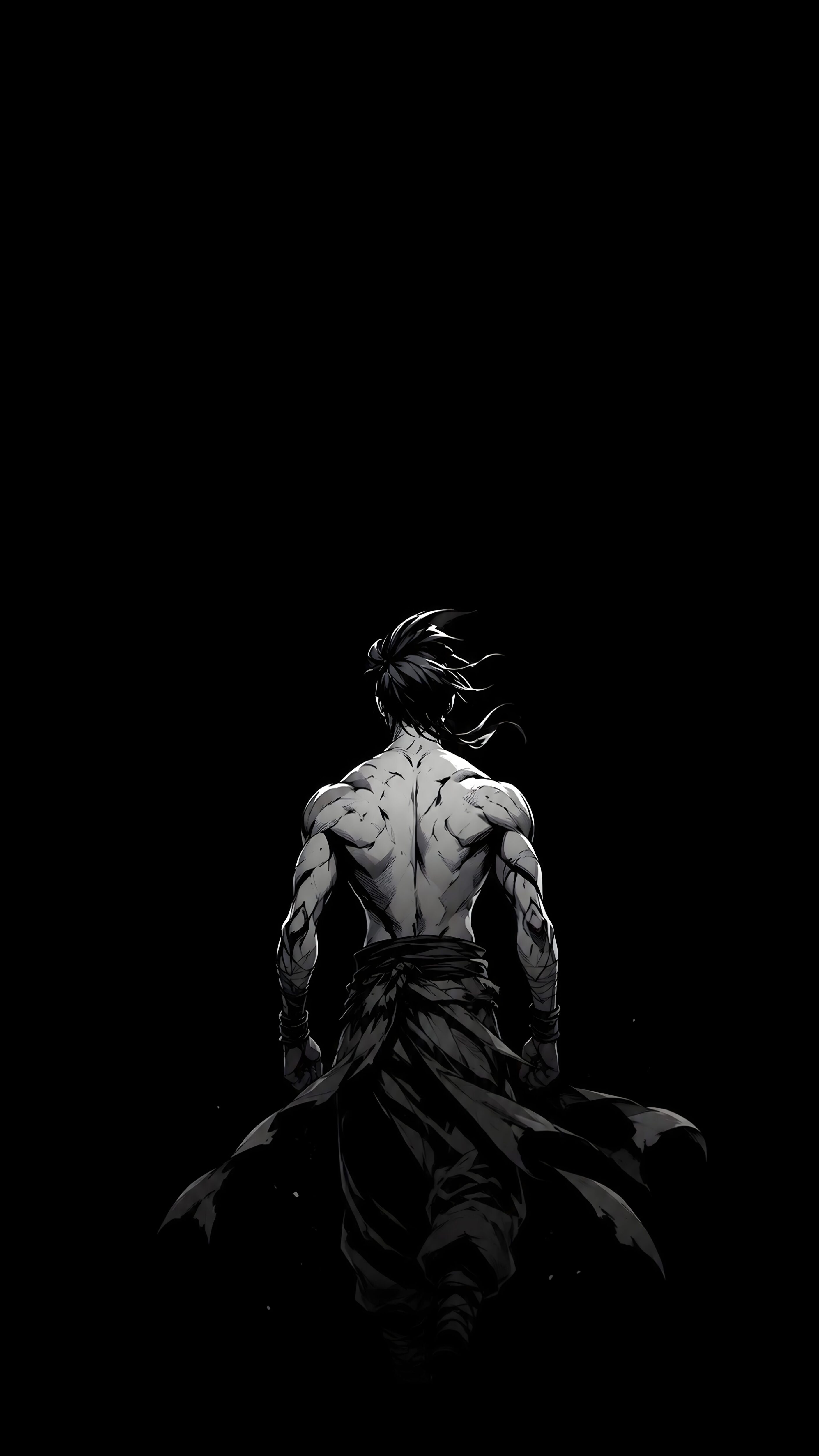 A muscular anime warrior seen from behind in high-contrast black and white shadow art.