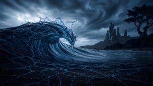 A dramatic, large ocean wave crashing on a dark shore under a stormy sky, featuring futuristic crystal-like rock formations and a twisted tree in the background.