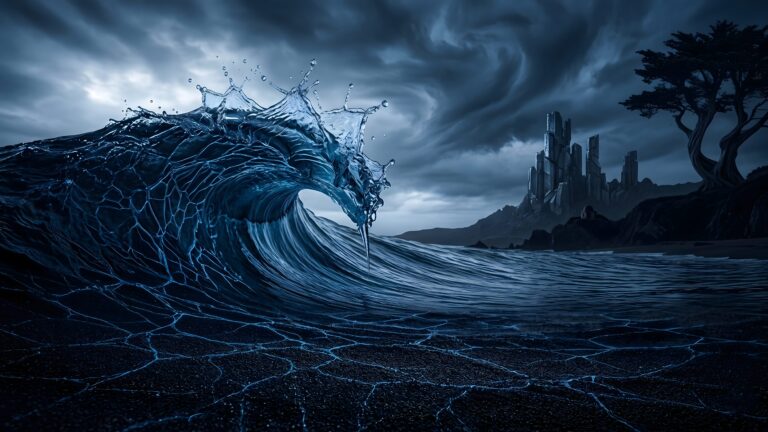 A dramatic, large ocean wave crashing on a dark shore under a stormy sky, featuring futuristic crystal-like rock formations and a twisted tree in the background.