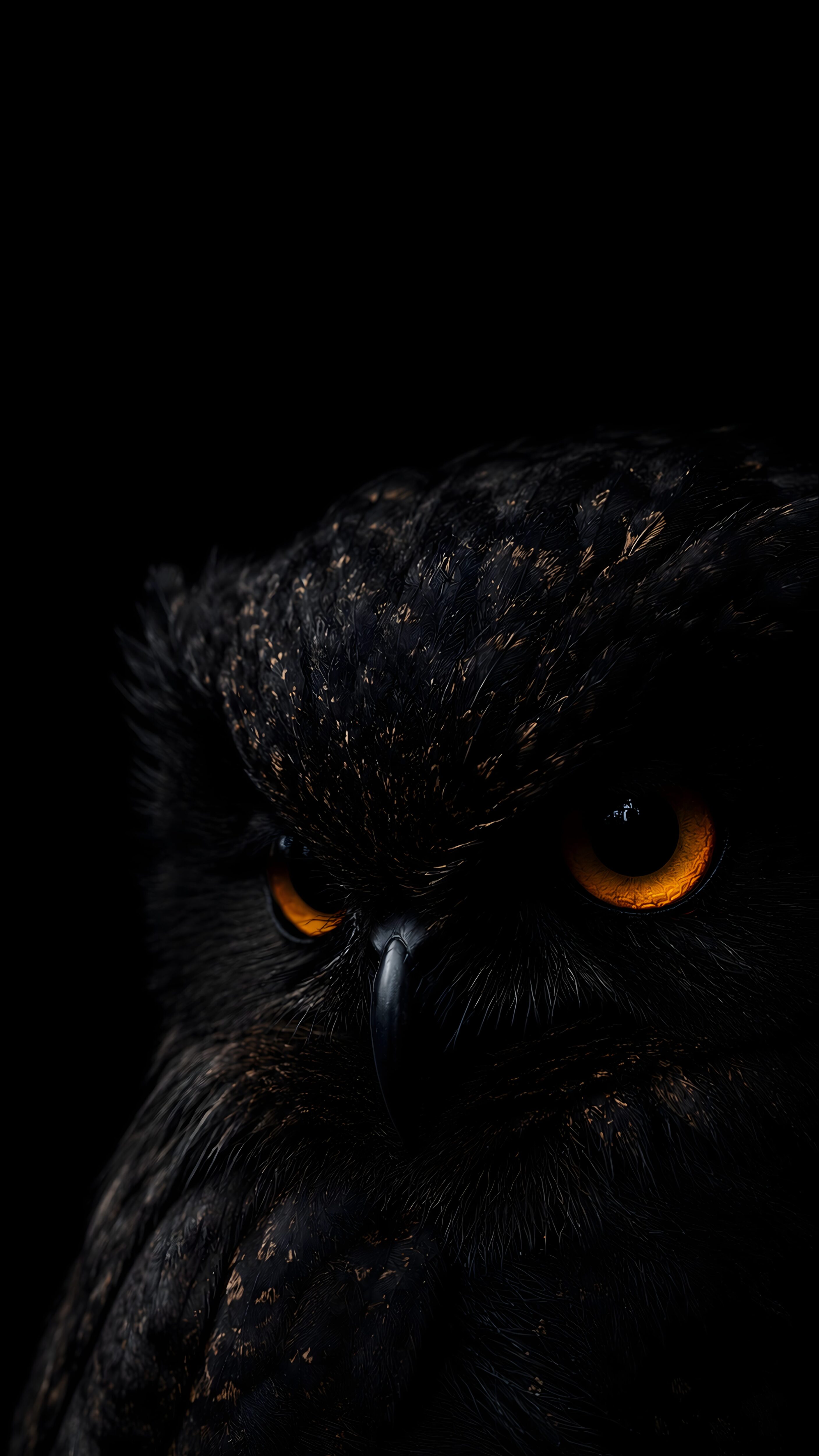 Close-up vertical portrait of a mysterious black owl with glowing orange eyes against a deep black background for smartphone screens.