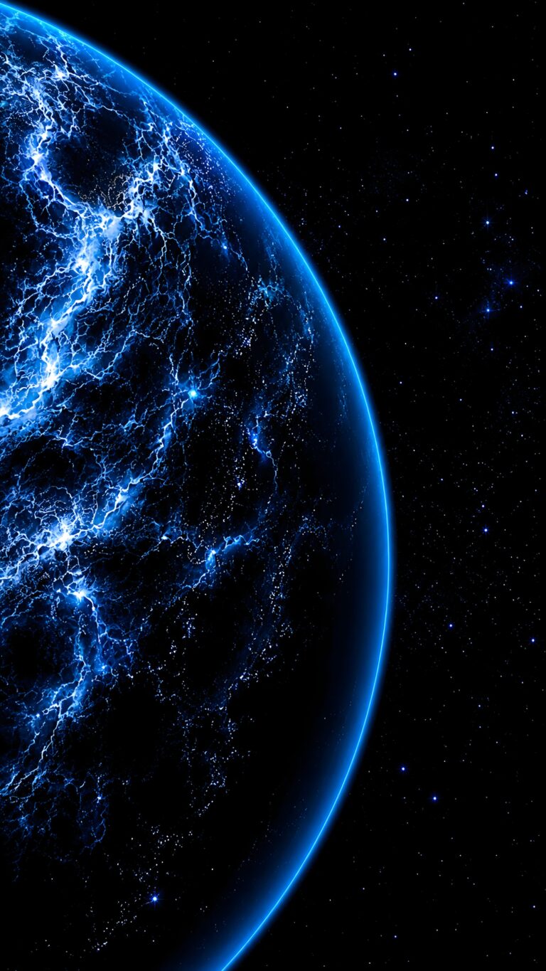 A dark planet in outer space illuminated by intense glowing electric blue cracks and lightning networks against a starry night sky.