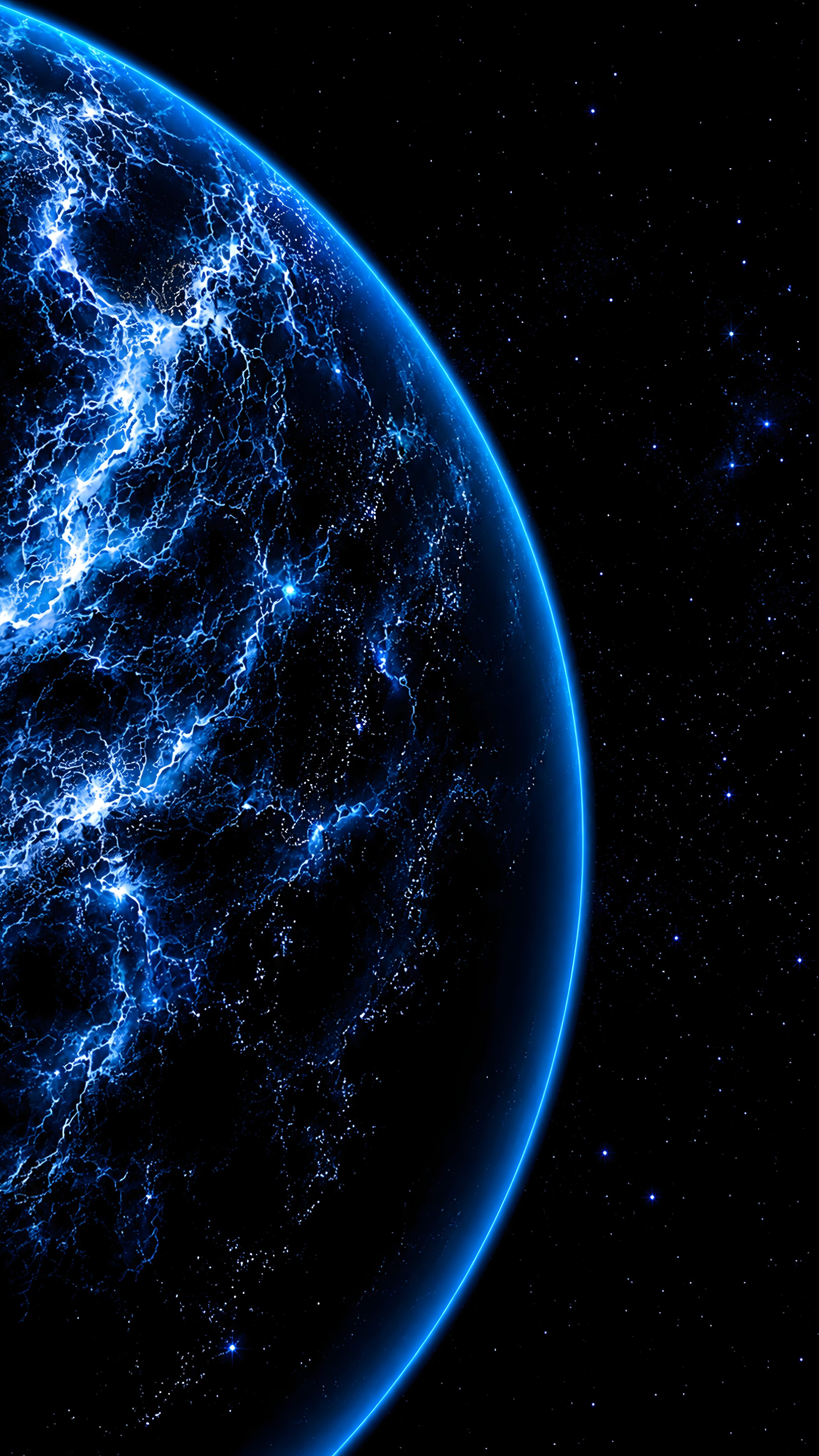 A dark planet in outer space illuminated by intense glowing electric blue cracks and lightning networks against a starry night sky.