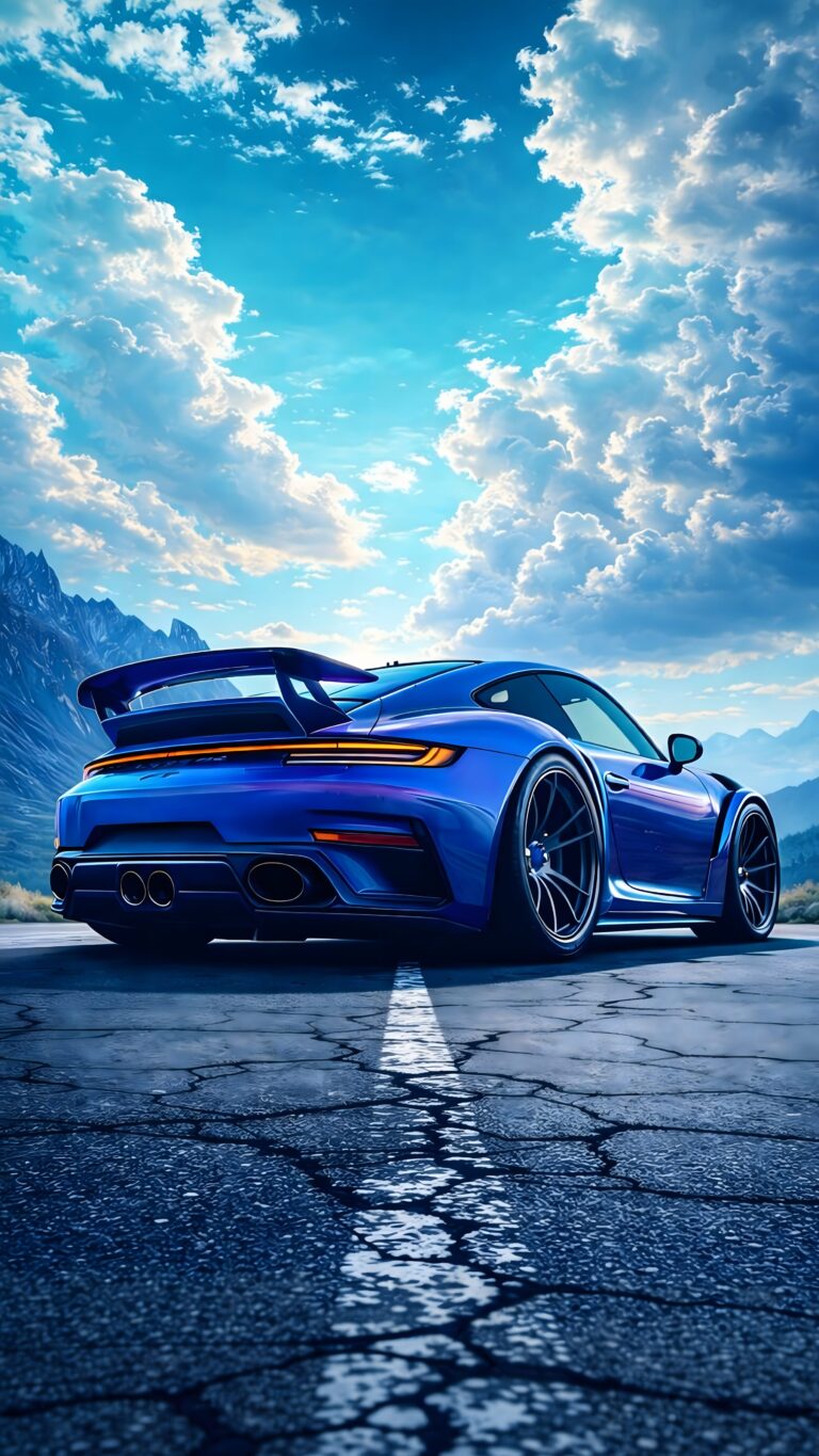 Rear view of a sleek, electric blue sports car parked on cracked asphalt under a bright, cloudy sky with mountains in the background.