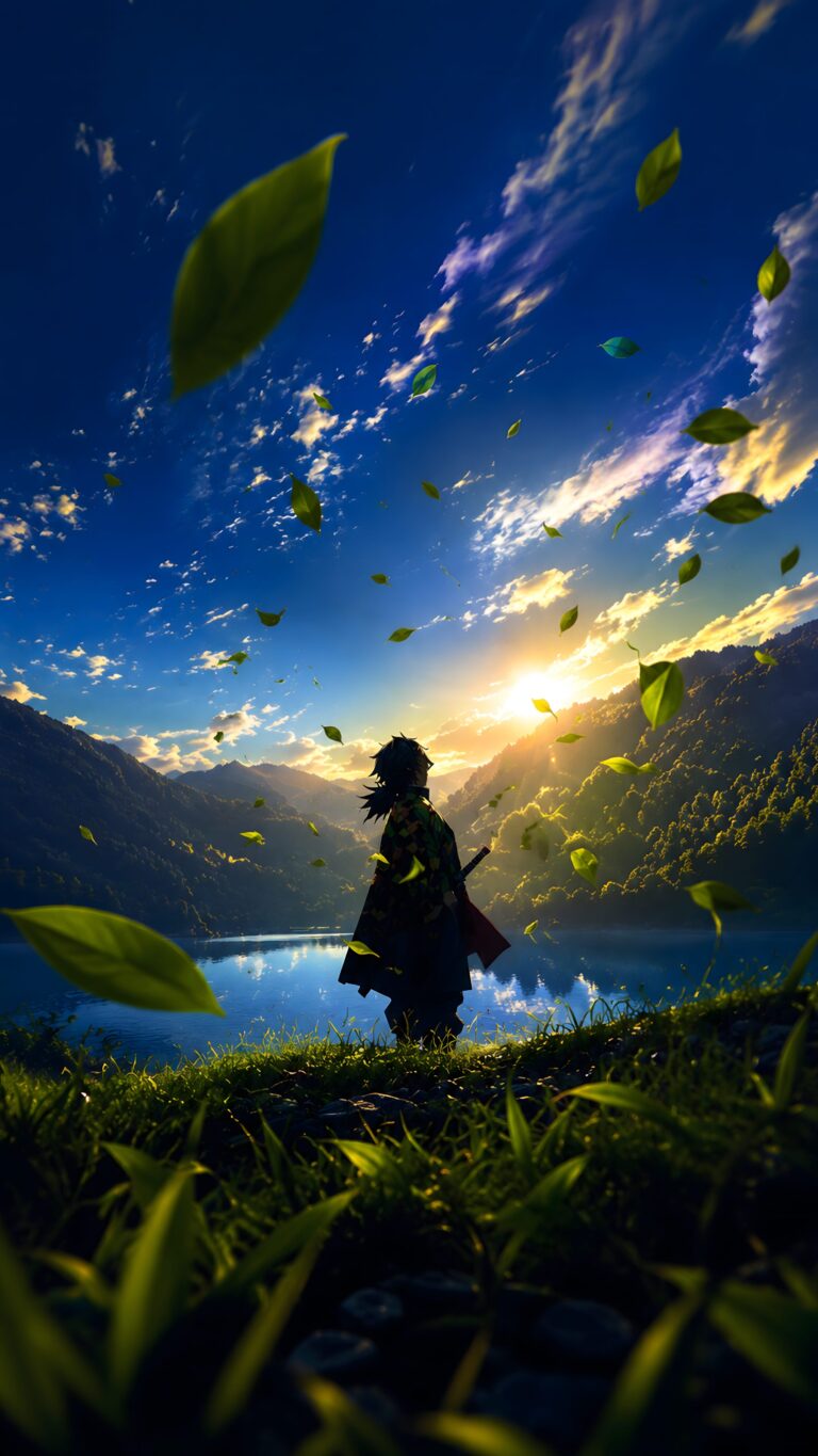 Silhouette of an anime character facing a sunrise over a serene mountain lake with blowing green leaves