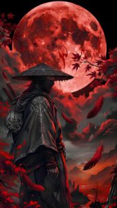 A mysterious samurai warrior with twin swords standing beneath a massive glowing red blood moon, surrounded by falling crimson feathers and maple leaves.