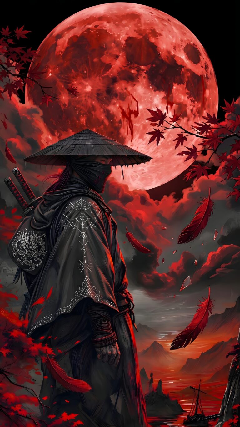 A mysterious samurai warrior with twin swords standing beneath a massive glowing red blood moon, surrounded by falling crimson feathers and maple leaves.