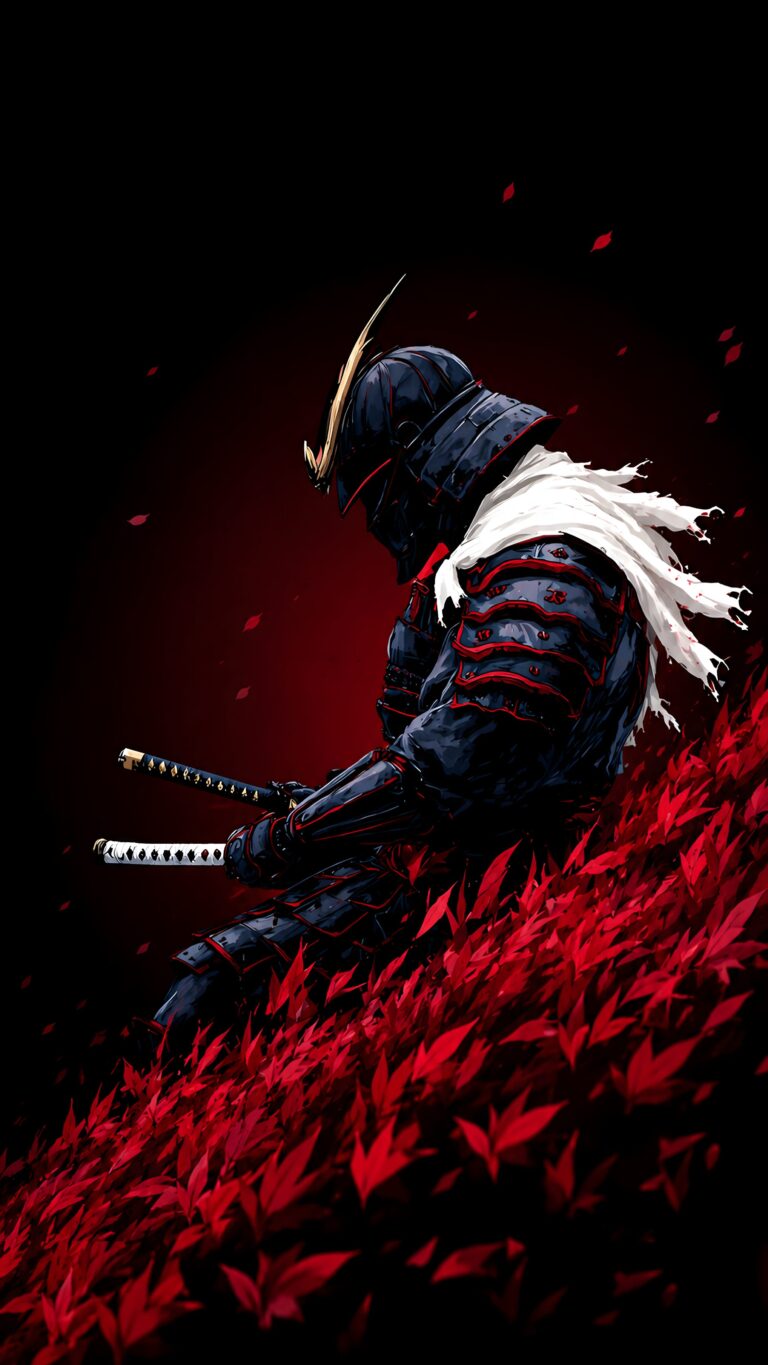 A dark armored samurai sitting among falling red leaves holding a katana, designed as a mobile wallpaper.