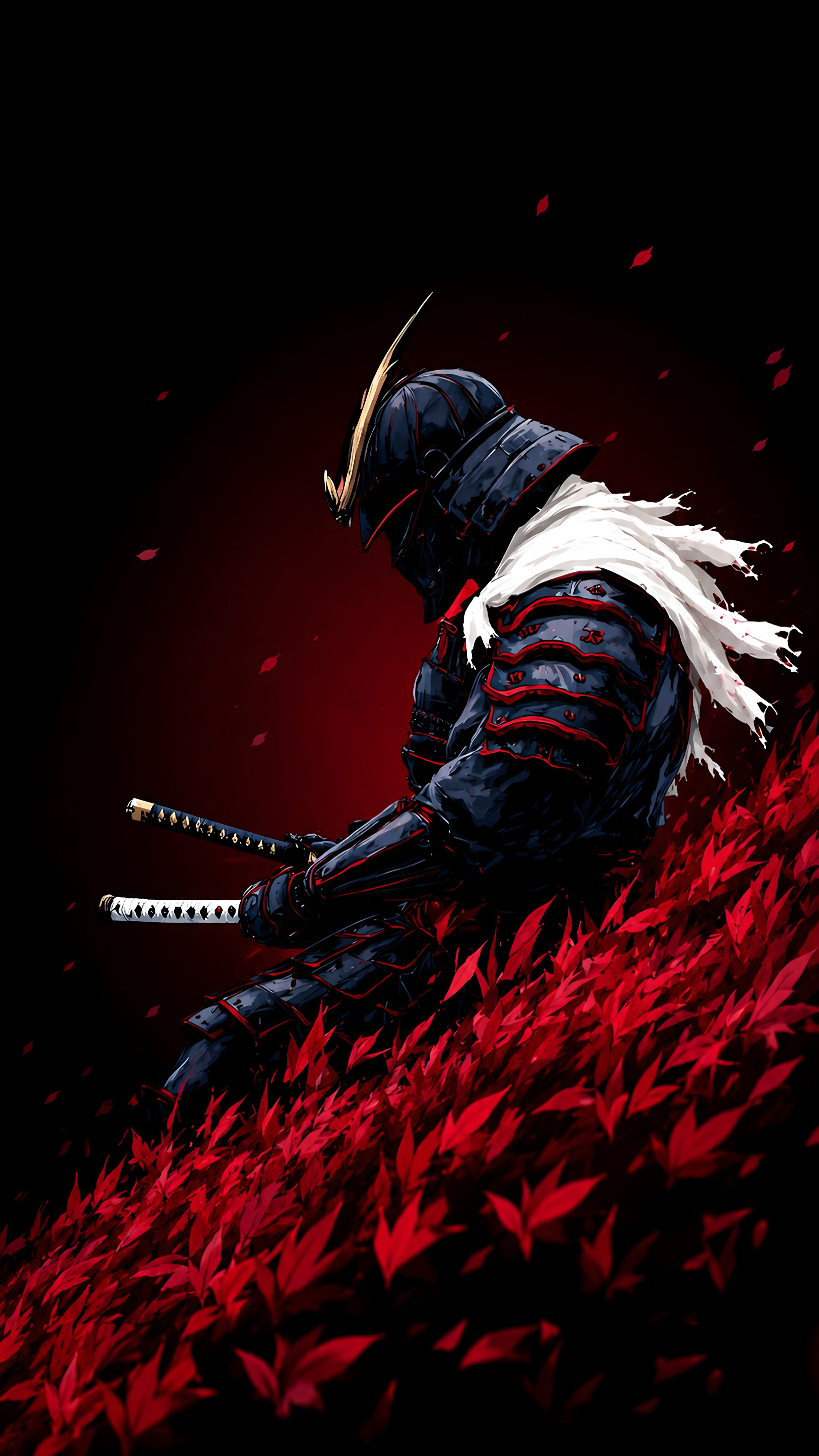 A dark armored samurai sitting among falling red leaves holding a katana, designed as a mobile wallpaper.