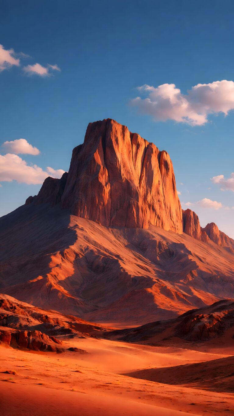 A towering, sunlit red rock mountain peak rising from a sandy desert landscape under a bright blue sky.