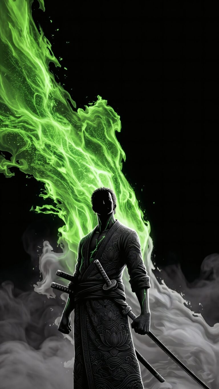 Silhouette of Roronoa Zoro from One Piece holding three katanas against blazing neon green flames and heavy grey smoke.