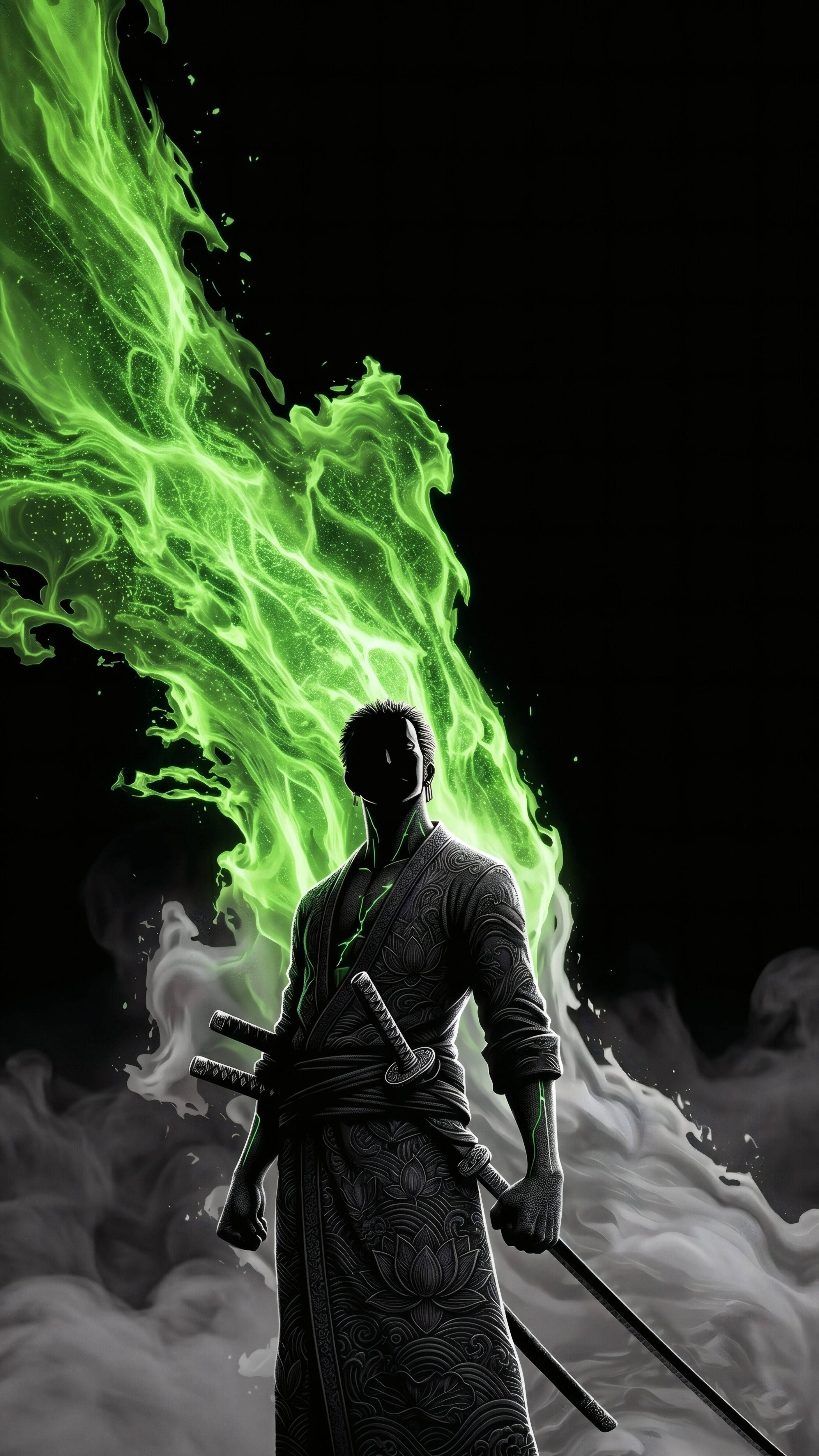 Silhouette of Roronoa Zoro from One Piece holding three katanas against blazing neon green flames and heavy grey smoke.
