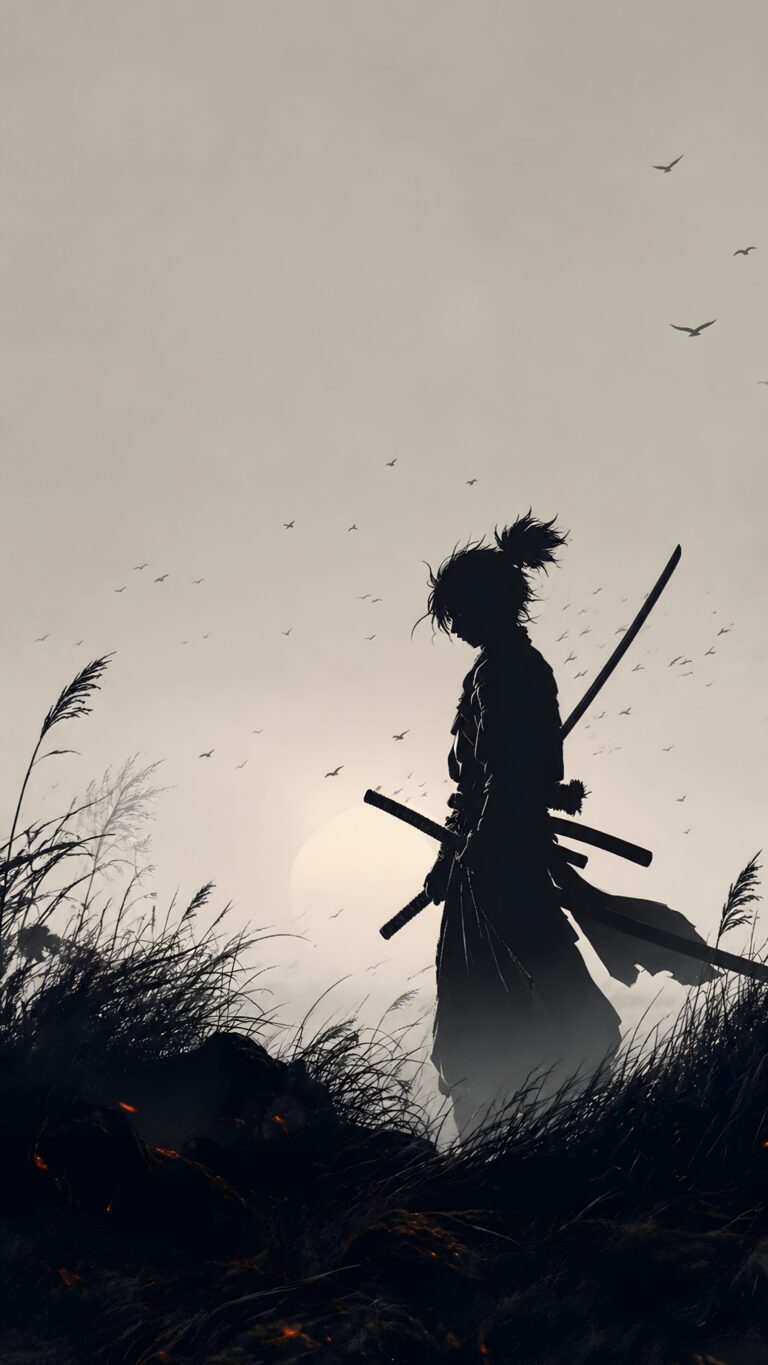 A dark silhouette of a wandering samurai with swords standing in tall grass against a foggy sunrise sky with birds flying.