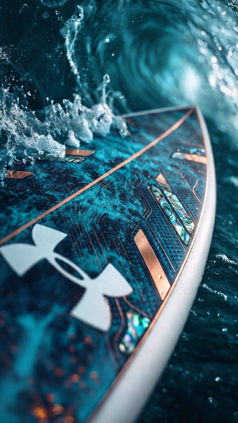 Close-up of a high-tech Under Armour surfboard with copper accents and abalone shell inlays crashing through a deep teal ocean wave.