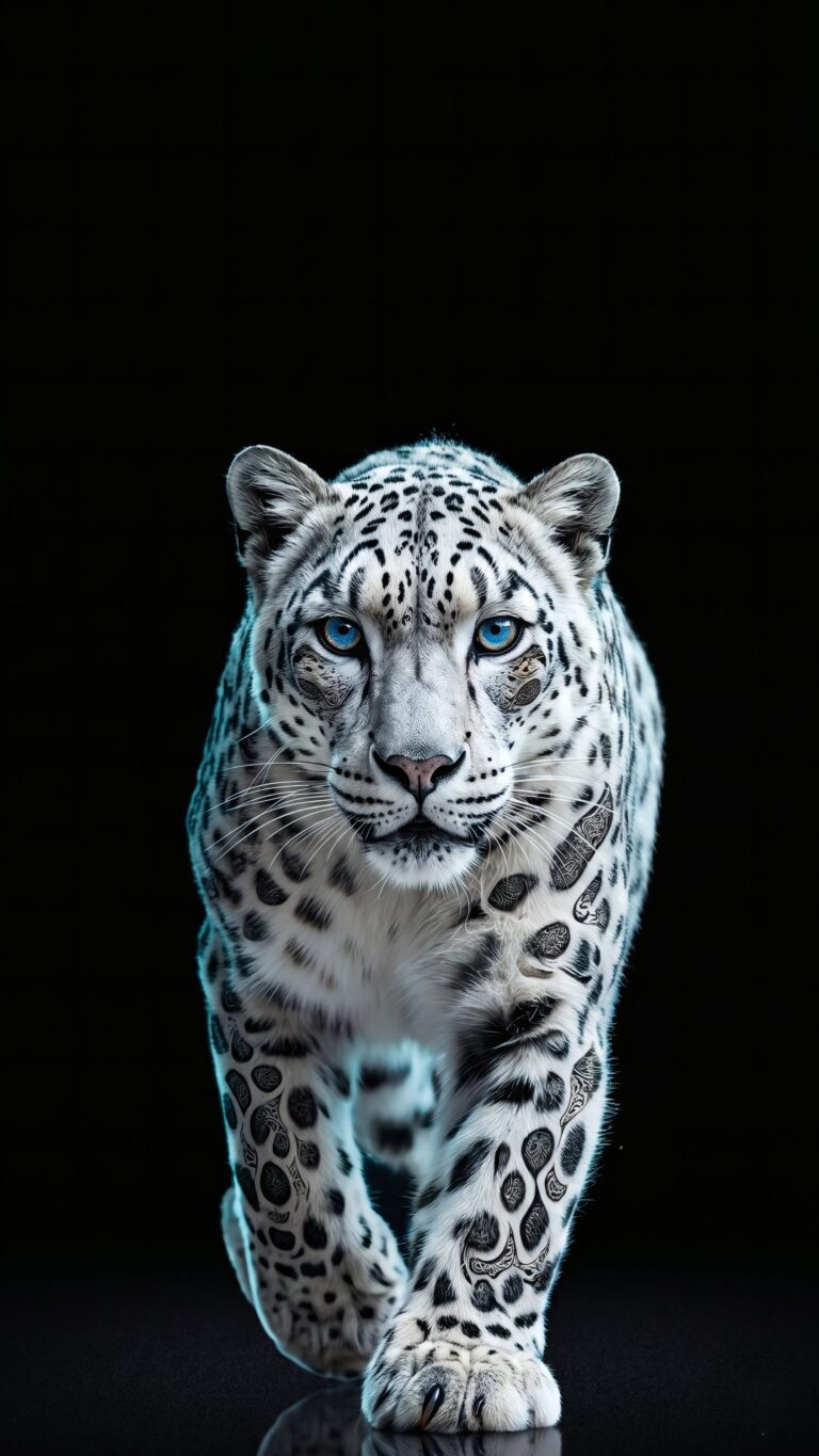 A majestic snow leopard with striking blue eyes walking forward against a pitch-black background.