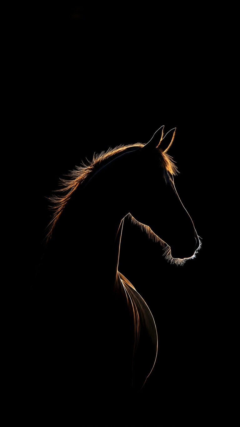 A vertical portrait of a horse in silhouette, outlined by a warm golden rim light against a completely black background.
