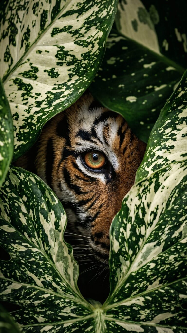 Close up of a wild tiger's bright orange eye peeking through lush green and white tropical leaves.