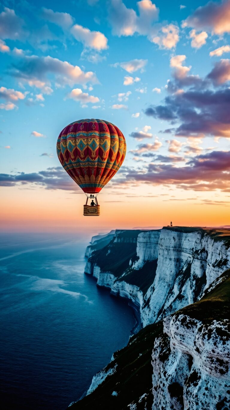 A majestic red and gold hot air balloon drifting over massive seaside cliffs at golden hour sunset.