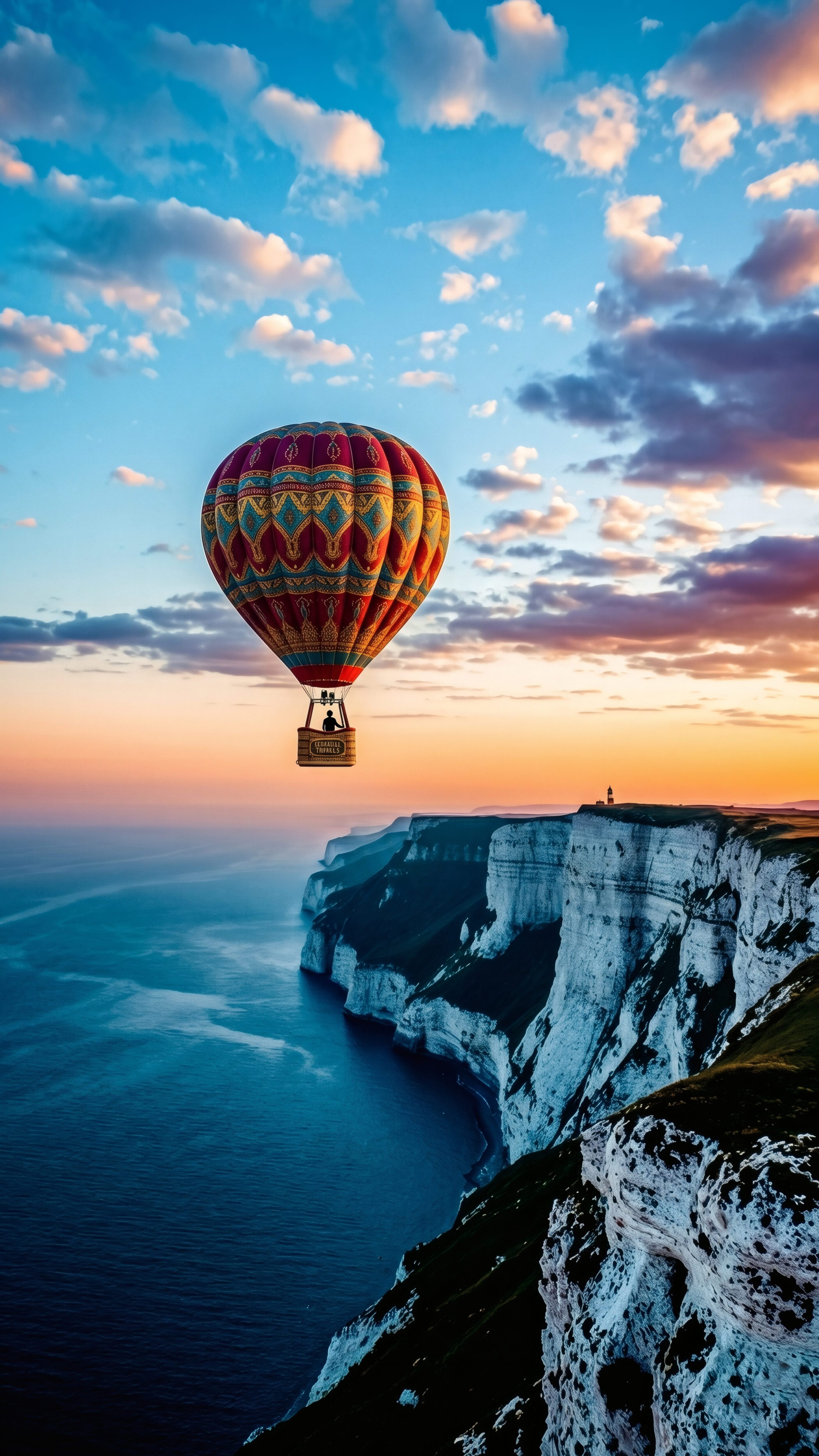 A majestic red and gold hot air balloon drifting over massive seaside cliffs at golden hour sunset.