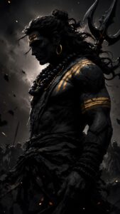 A powerful, dark-themed illustration of Lord Shiva in profile, featuring a trishul, glowing gold accents, and a moody atmosphere.