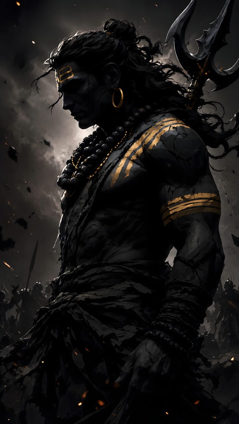 A powerful, dark-themed illustration of Lord Shiva in profile, featuring a trishul, glowing gold accents, and a moody atmosphere.