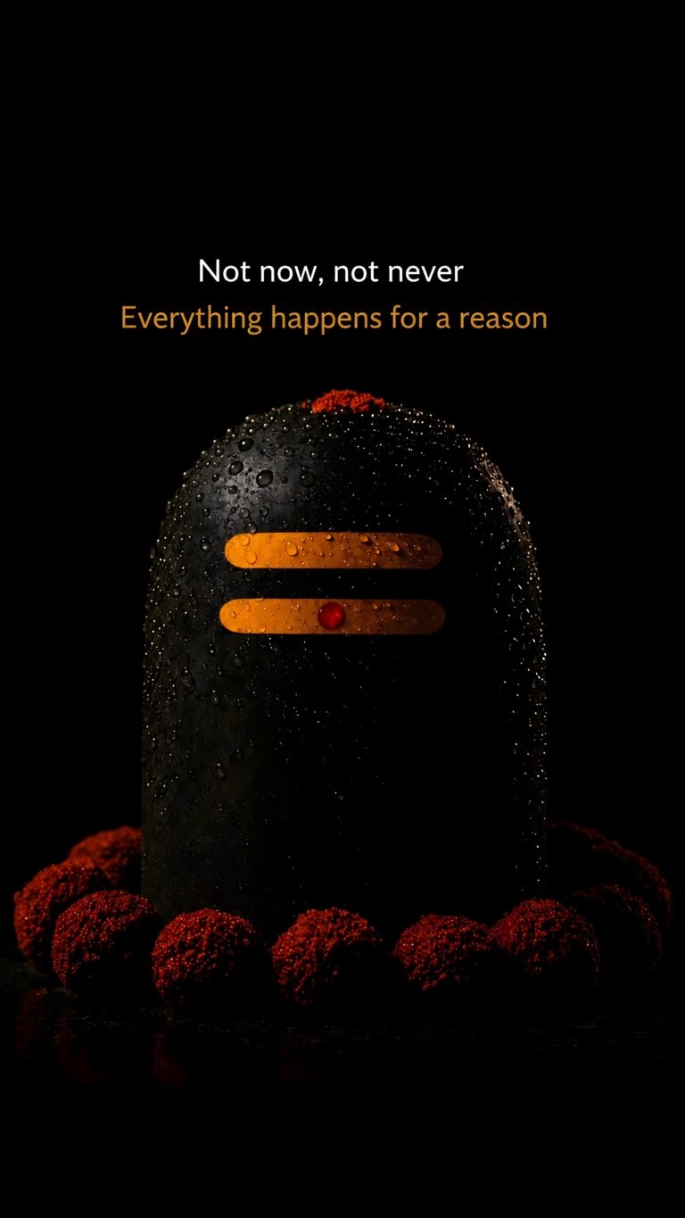 A dark, moody mobile wallpaper of a Shiva Lingam covered in crisp water droplets with a glowing orange tripundra and the quote "Everything happens for a reason".