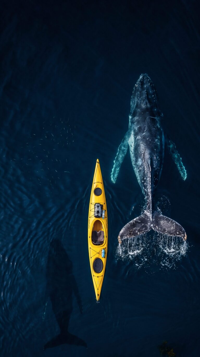 Aerial view of a bright yellow kayak floating right next to a massive humpback whale swimming in deep, dark blue ocean water.