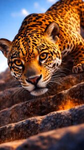 Close up of a wild jaguar with intense amber eyes climbing down sunlit rocks against a blue sky.