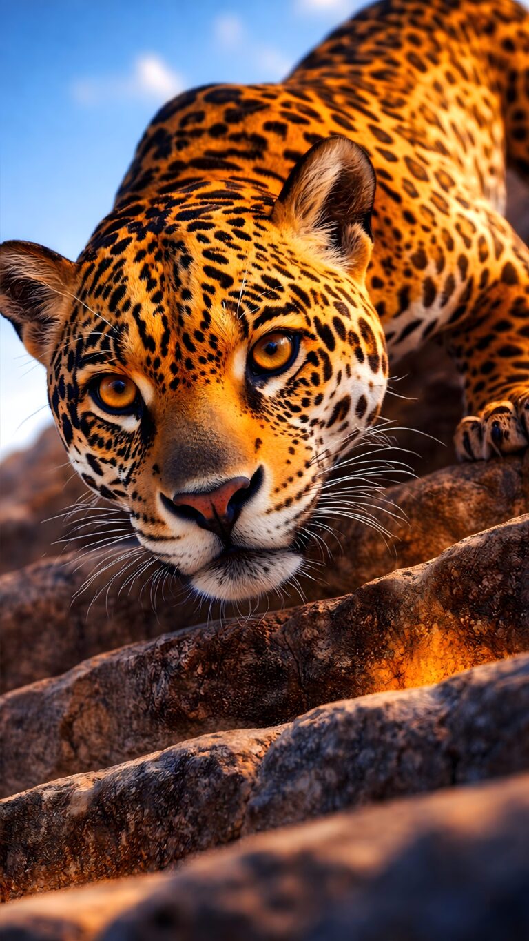 Close up of a wild jaguar with intense amber eyes climbing down sunlit rocks against a blue sky.