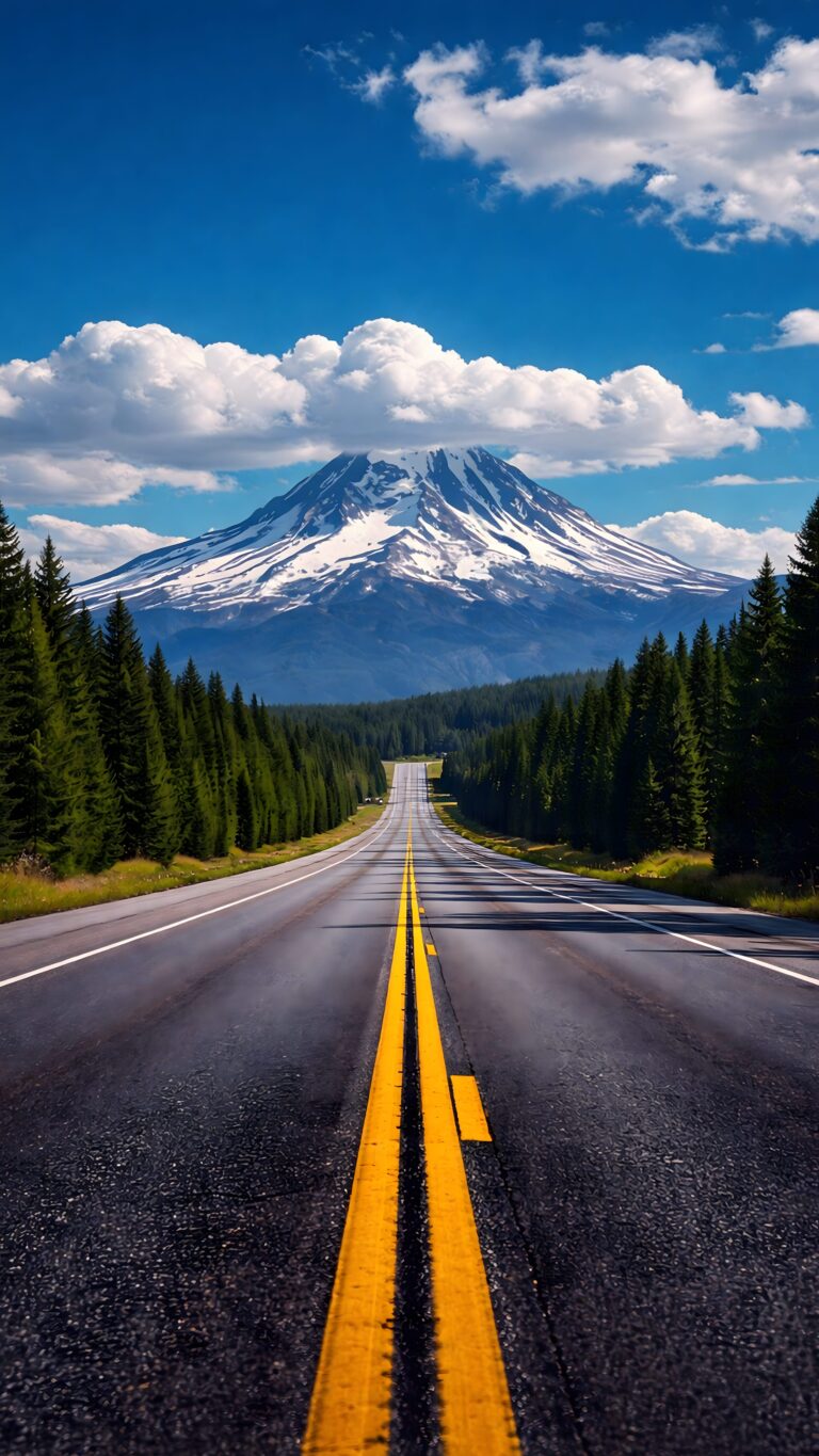 A straight empty highway with double yellow lines leading directly towards a massive snow-capped mountain, framed by green pine trees and a bright blue sky.
