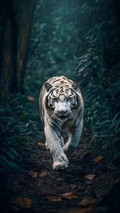 A striking white tiger with piercing blue eyes walking forward on a dark, moody jungle path surrounded by deep green foliage.