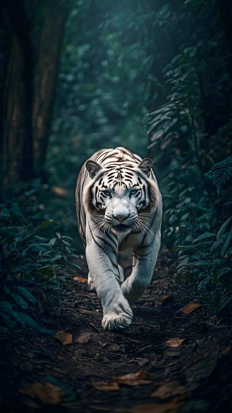 A striking white tiger with piercing blue eyes walking forward on a dark, moody jungle path surrounded by deep green foliage.