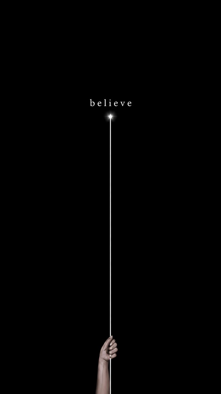 A minimal vertical wallpaper featuring a hand holding a thin white line leading to a bright star with the word believe against a deep black background.