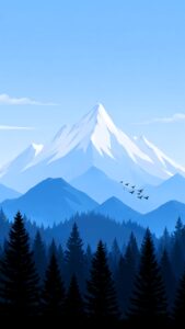 Minimalist digital illustration of a snowy mountain peak, layered blue mountain ranges, dark pine trees, and a flock of birds against a clear blue sky.