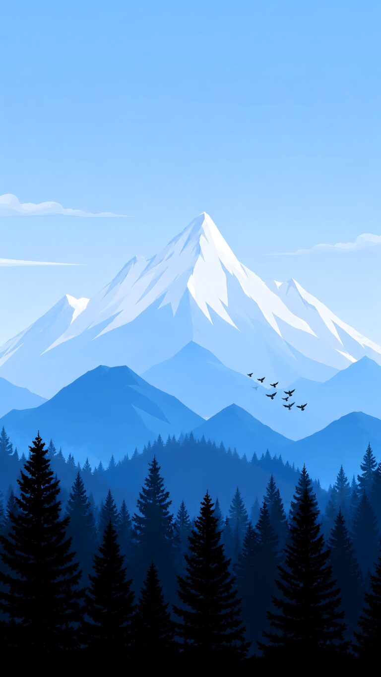 Minimalist digital illustration of a snowy mountain peak, layered blue mountain ranges, dark pine trees, and a flock of birds against a clear blue sky.