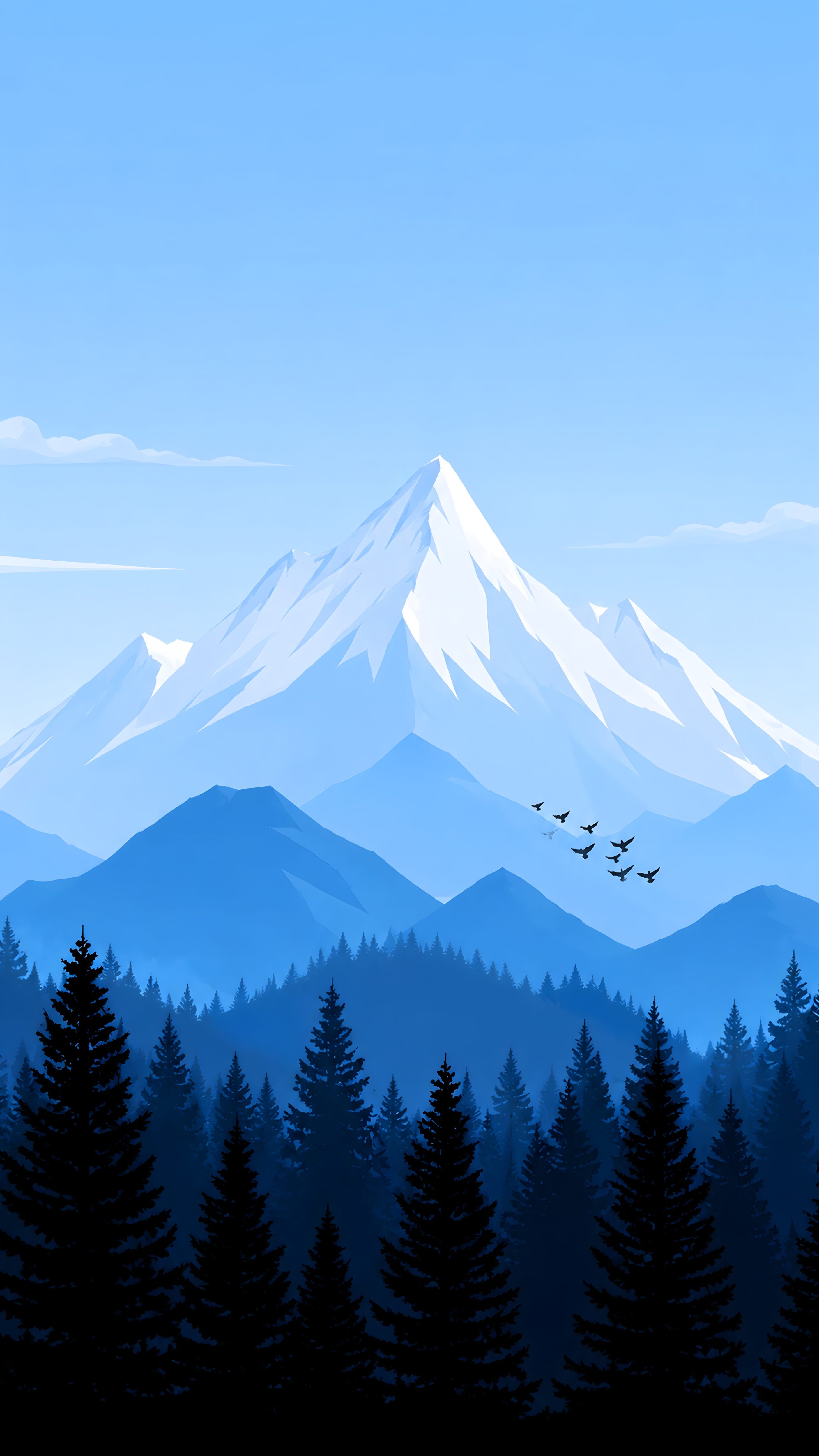 Minimalist digital illustration of a snowy mountain peak, layered blue mountain ranges, dark pine trees, and a flock of birds against a clear blue sky.