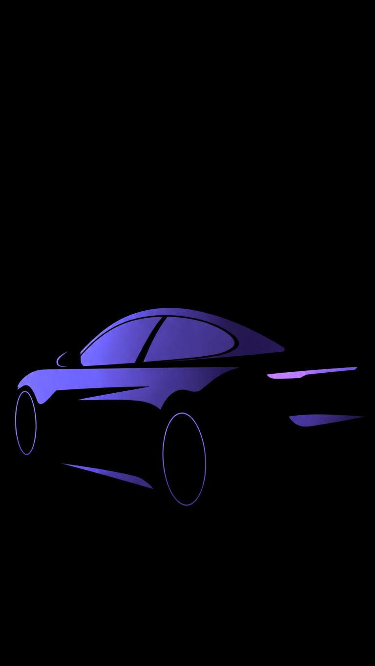 Sleek minimalist silhouette of a purple sports car on a pitch-black background.