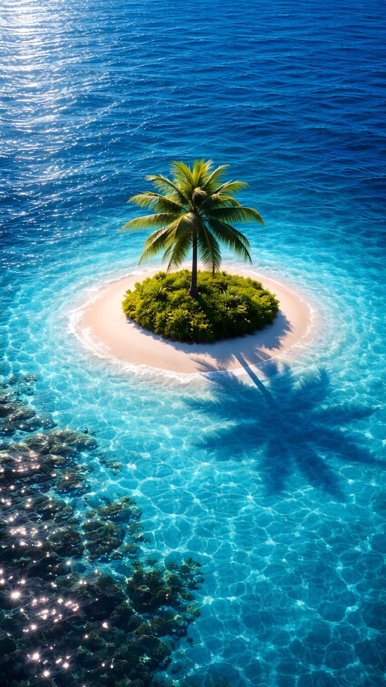 A high-resolution vertical view of a tiny tropical island with a single palm tree, surrounded by crystal clear blue water and vibrant underwater coral reefs.