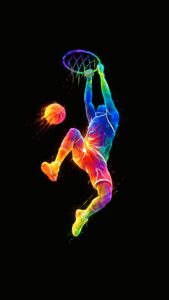 Colorful watercolor and neon splash art silhouette of a basketball player dunking a glowing ball against a pitch-black background.