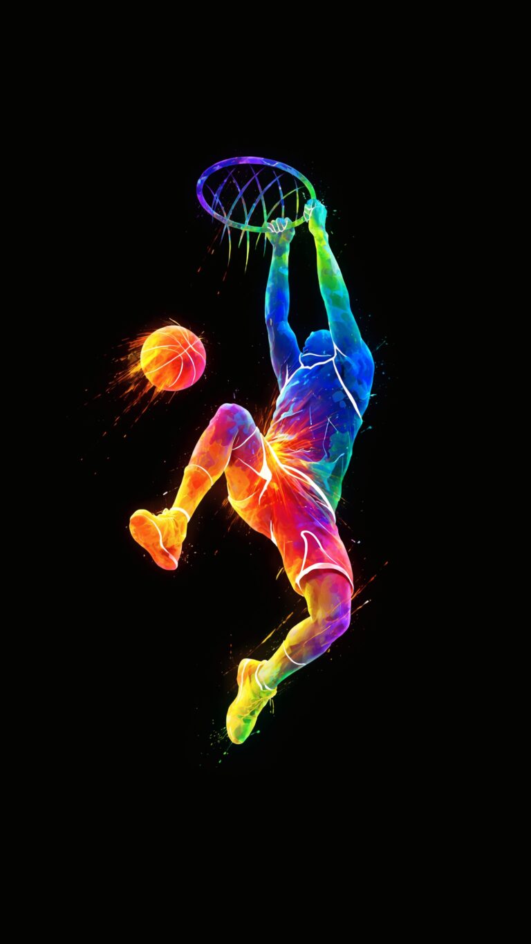 Colorful watercolor and neon splash art silhouette of a basketball player dunking a glowing ball against a pitch-black background.