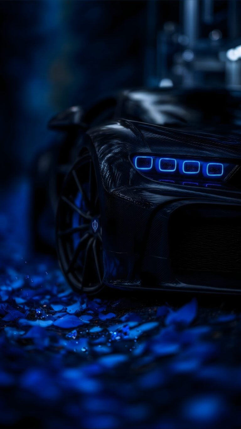 A sleek, dark sports car featuring glowing neon blue headlights parked on a mysterious bed of illuminated blue crystalline petals.