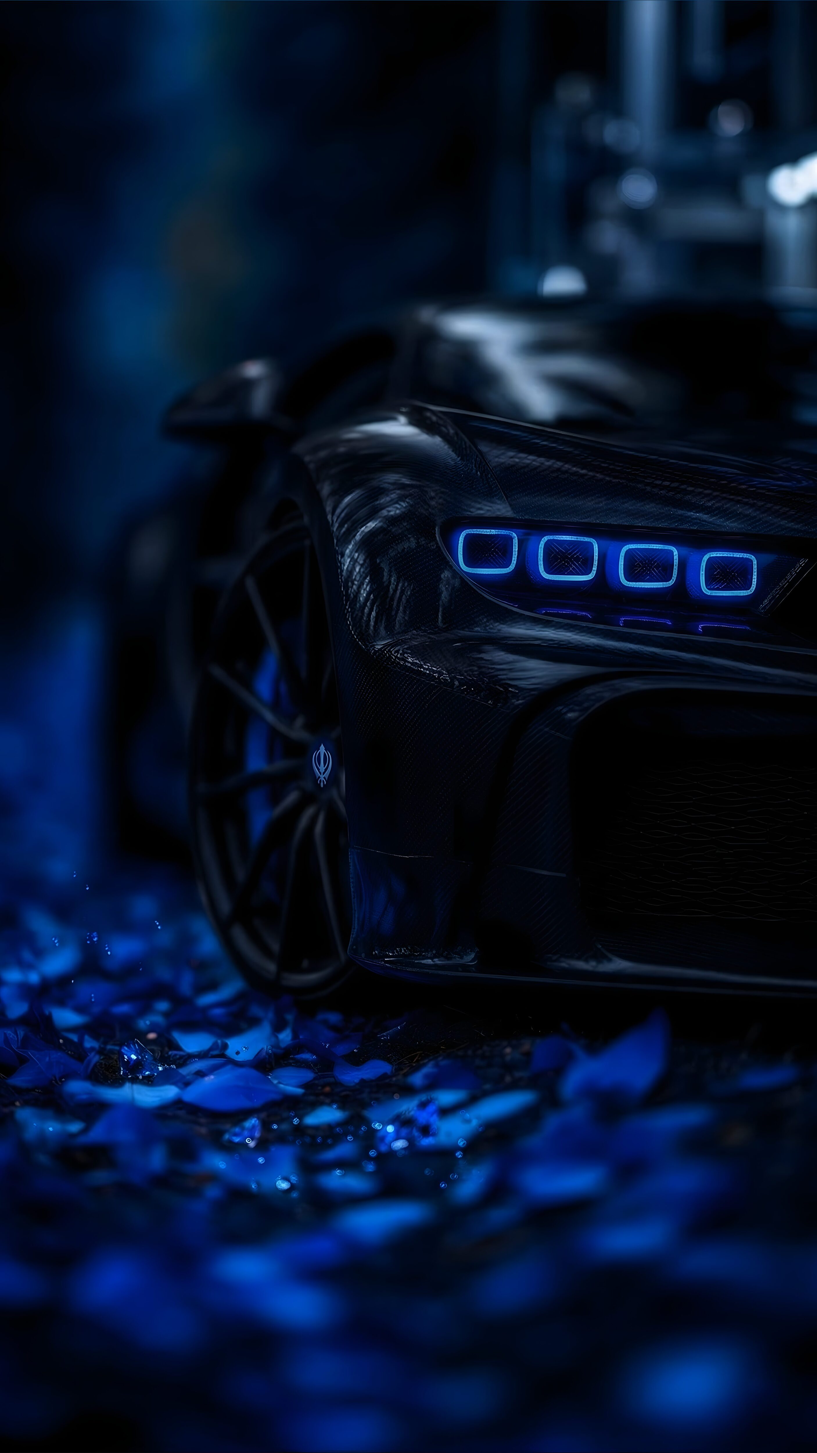 A sleek, dark sports car featuring glowing neon blue headlights parked on a mysterious bed of illuminated blue crystalline petals.