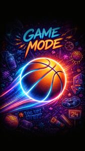 Glowing neon basketball flying with light trails and the text Game Mode against a dark background with gaming doodles.