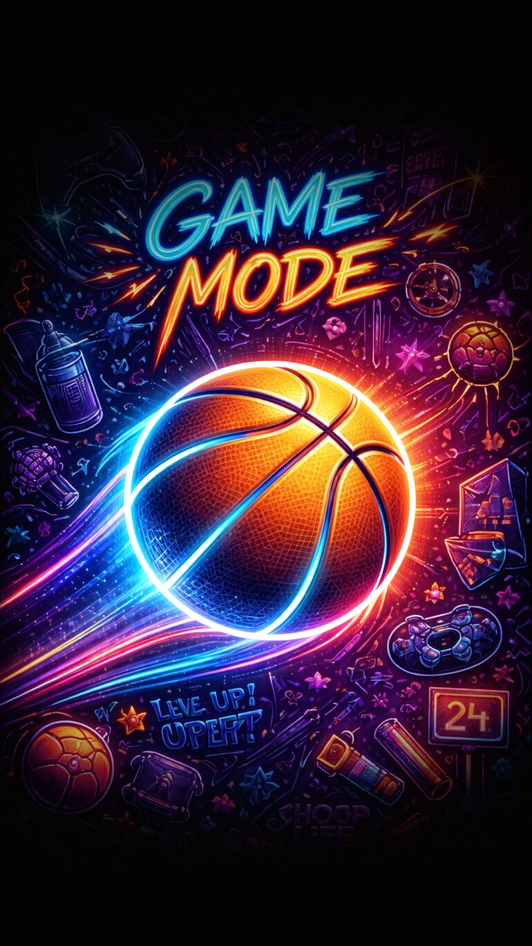 Glowing neon basketball flying with light trails and the text Game Mode against a dark background with gaming doodles.